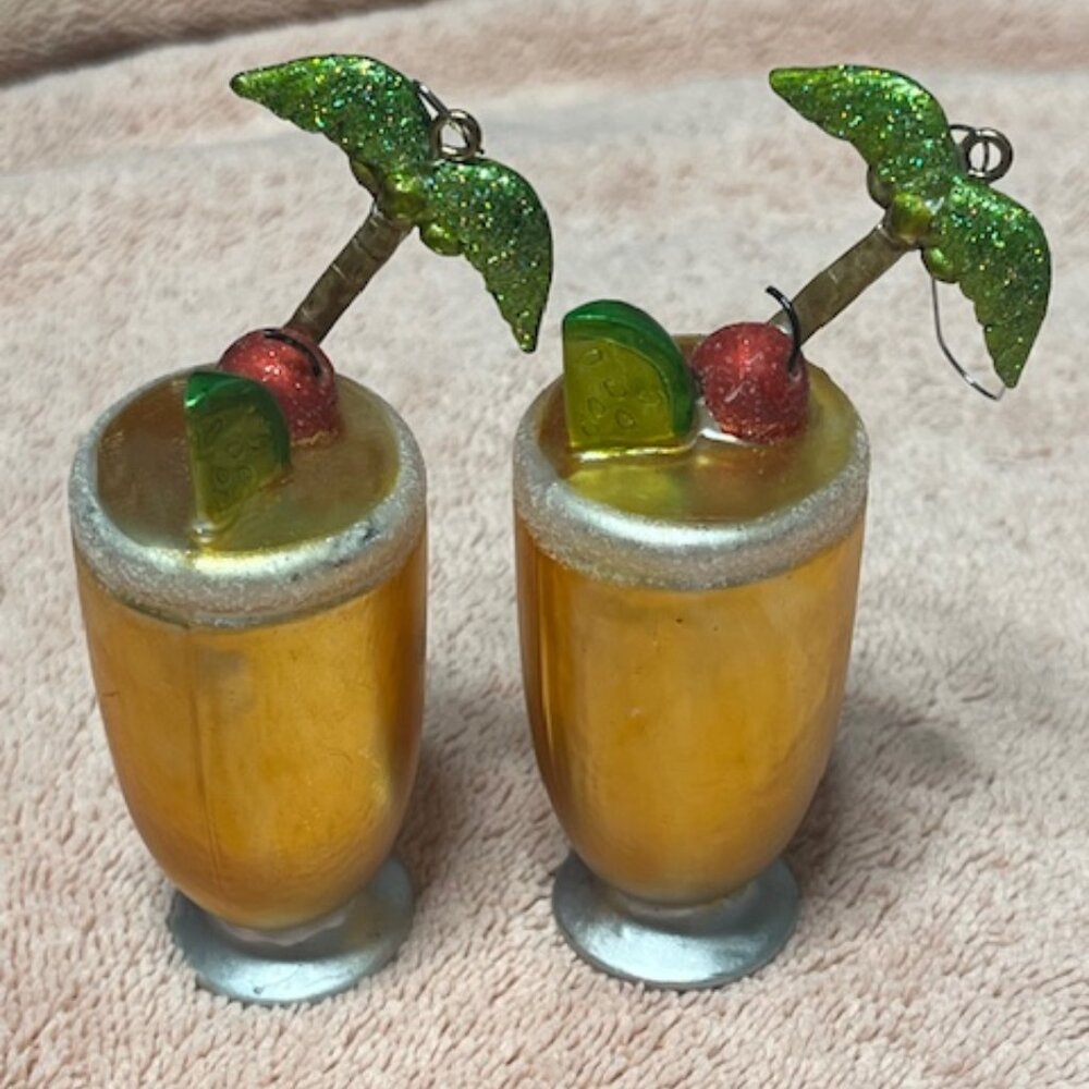 Two Christmas Hand Blown Glass Tropical Cocktail Themed Holiday Ornaments 4"